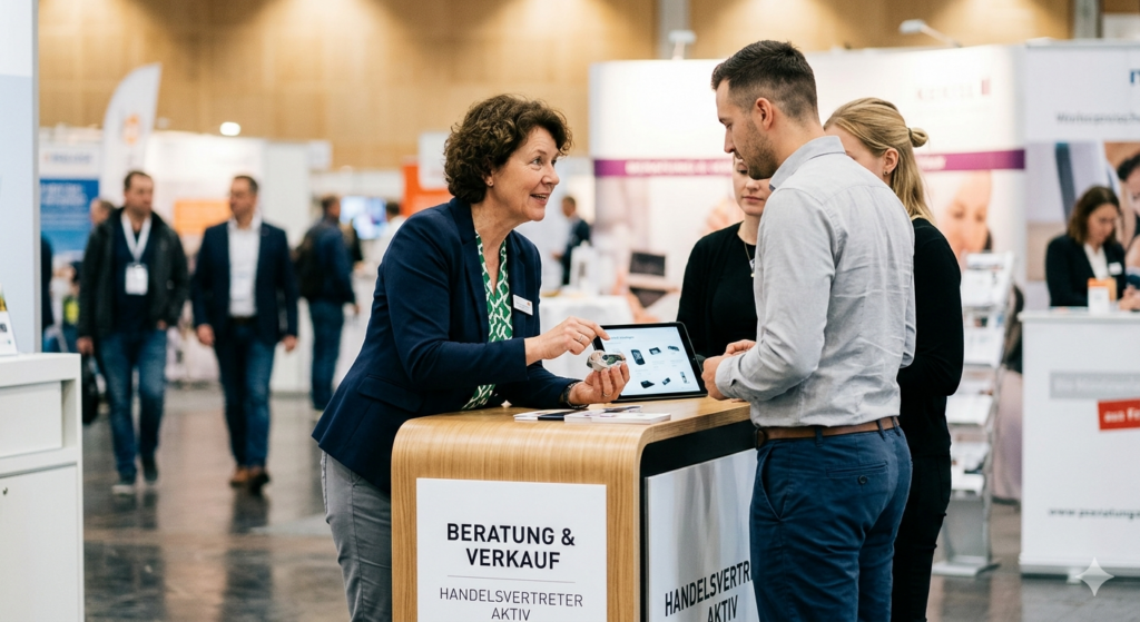 Erfolgreiches B2B Verkaufsgespräch eines selbstständigen Handelsvertreters auf einer Fachmesse zur Steigerung der Vertriebs-Kinetik
